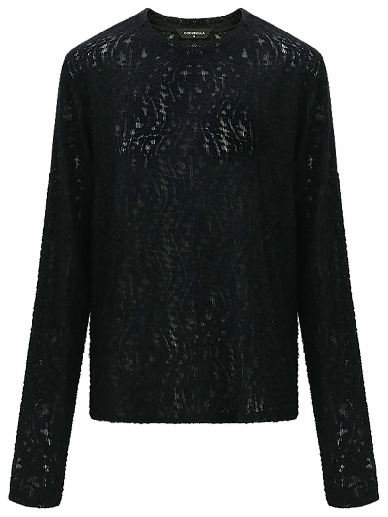 3D Hollow-out Jacquard Black Knit Top