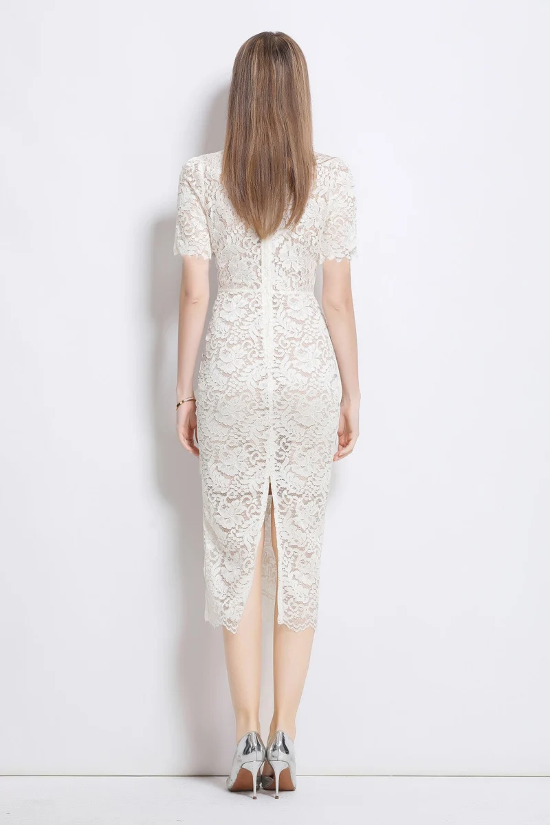 Donna Slim Fit White Lace Cut Out Dress with Inner Slip