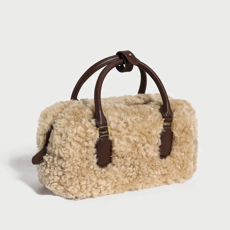 Beige Sherpa Fur Trimmed Elongated Top Handle Bag