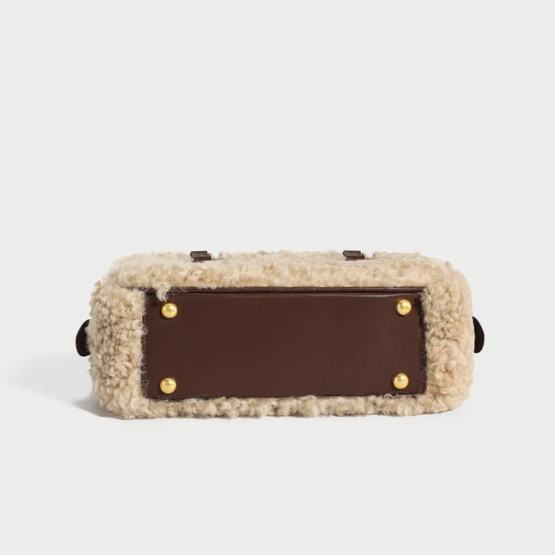Beige Sherpa Fur Trimmed Elongated Top Handle Bag