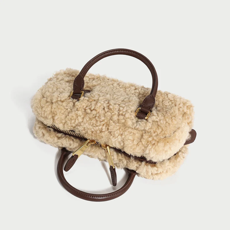 Beige Sherpa Fur Trimmed Elongated Top Handle Bag