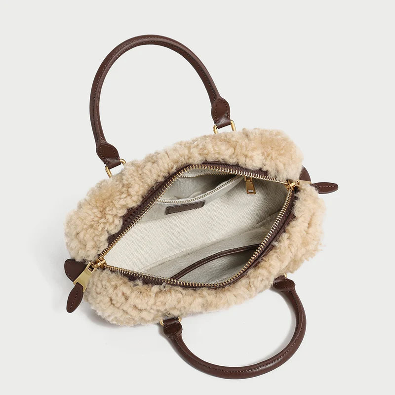 Beige Sherpa Fur Trimmed Elongated Top Handle Bag