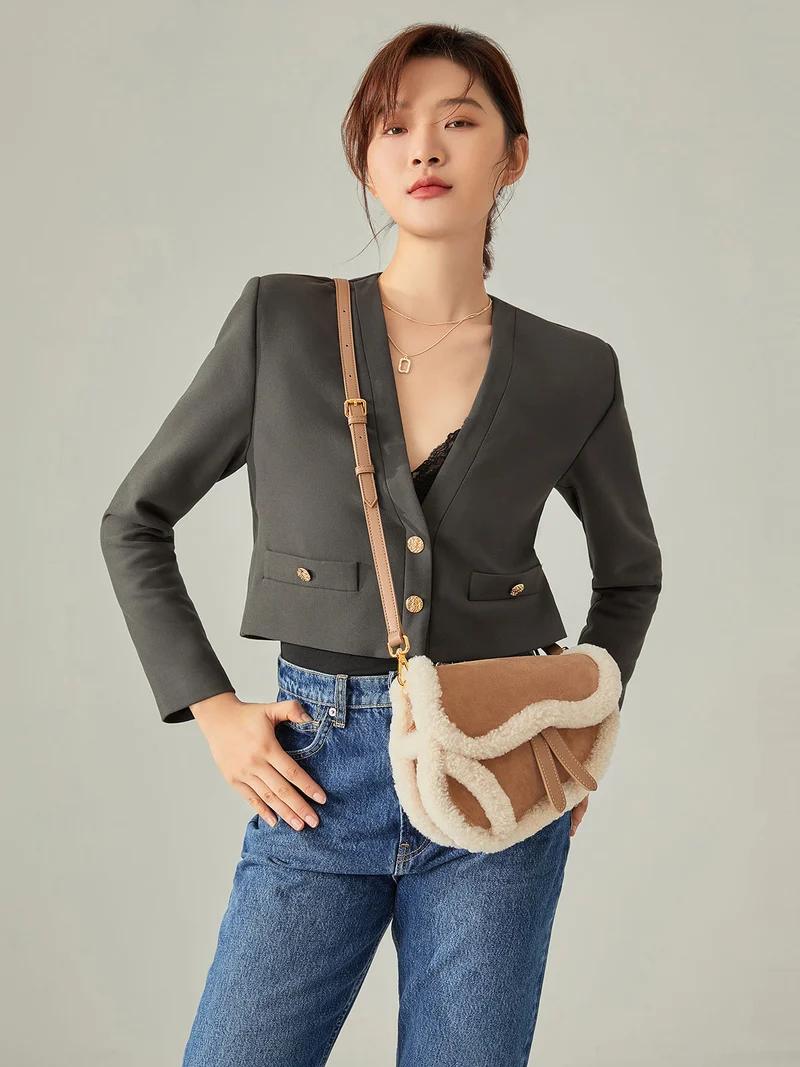 Apricot Beige Furry Saddle Shoulder Bag