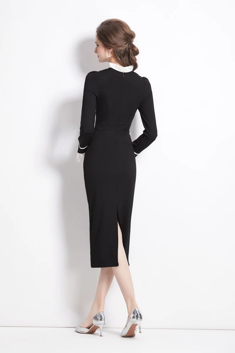 Colorblock Petal Collar Black Midi Dress