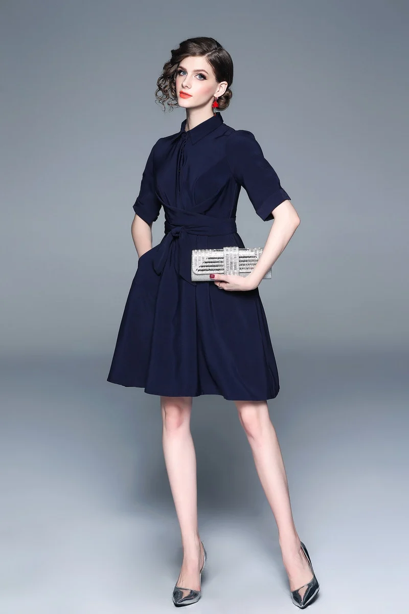 Classic Navy Blue Belted Shirt Dress