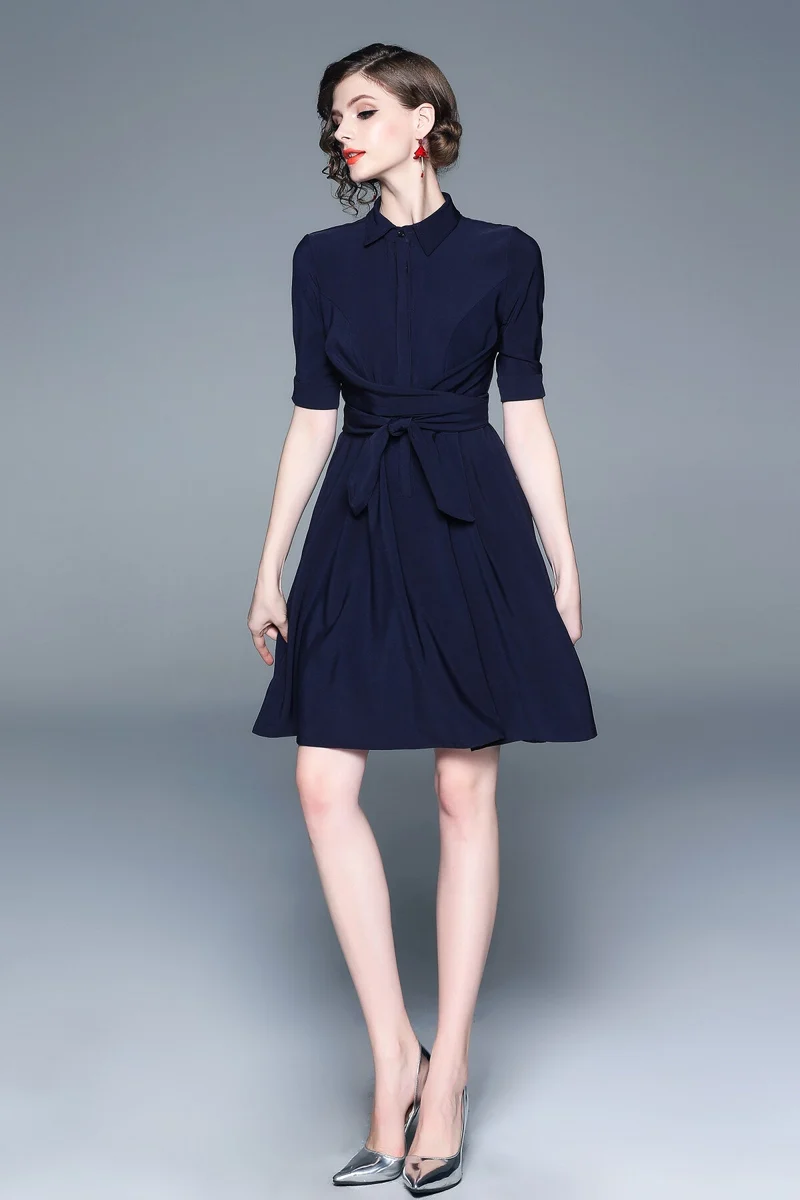 Classic Navy Blue Belted Shirt Dress
