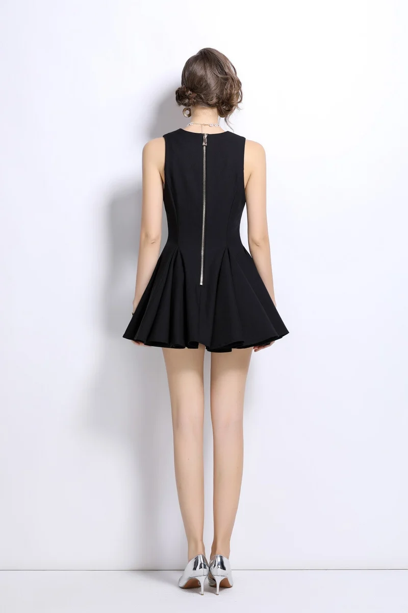 V Neck Double Breasted Pleated Puff Mini Dress