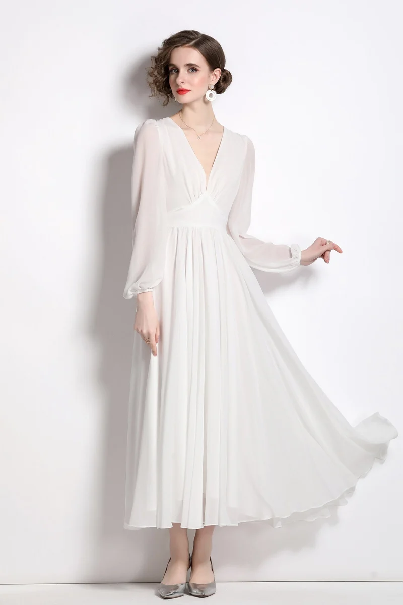 Dreamy White Long Sleeve V Neck Maxi Dress