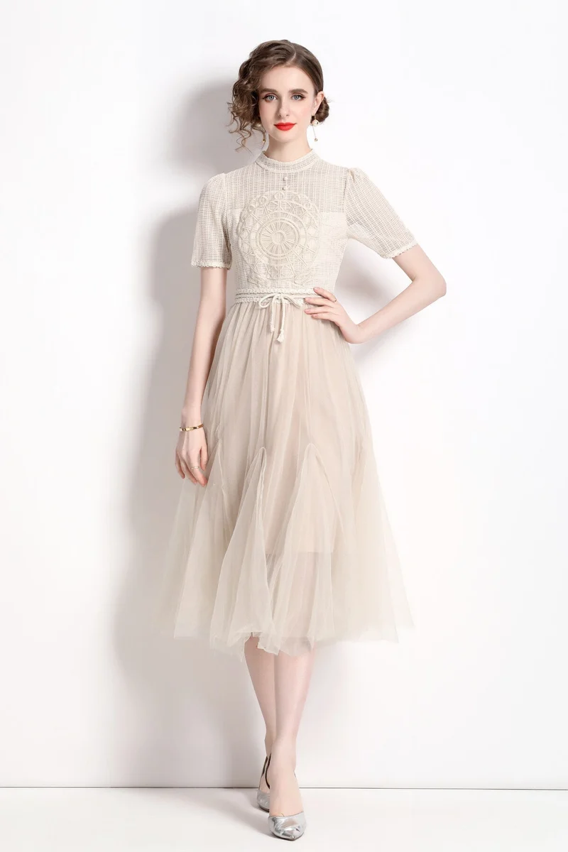 Delicate Mesh High Waisted Midi Dress