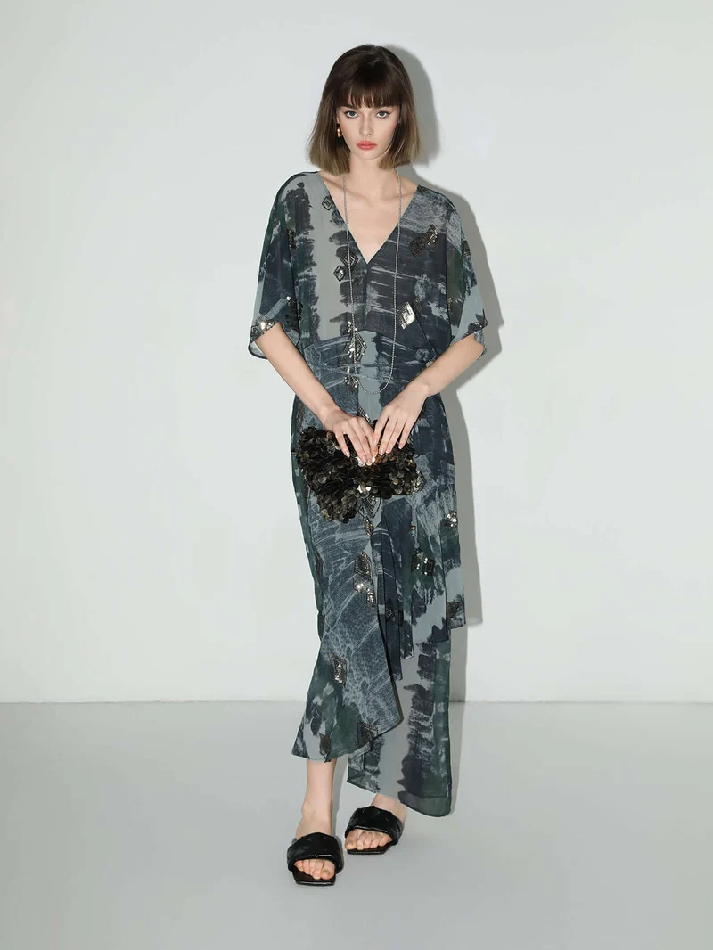 Black and Grey Tie-Dye Print Chiffon Dress