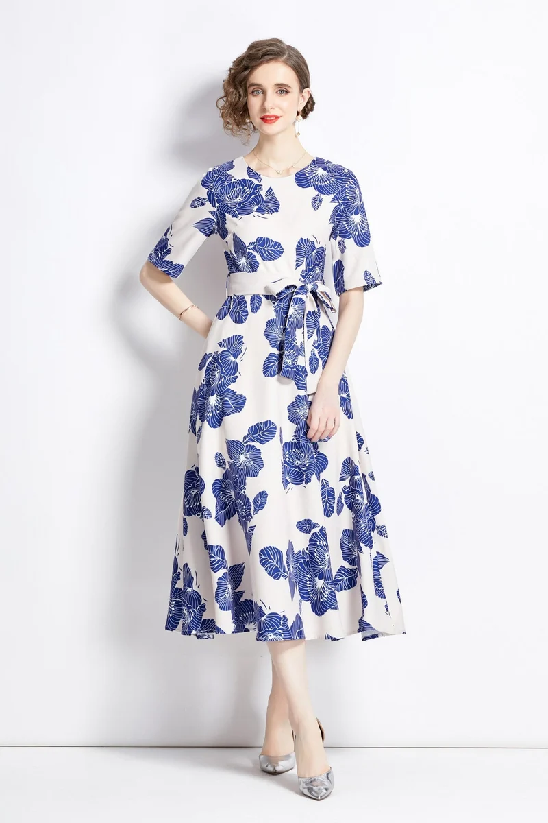 Porcelain Blue Vintage Print Waist Cinching Midi Dress