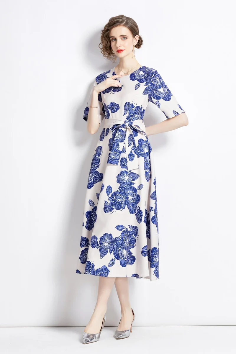 Porcelain Blue Vintage Print Waist Cinching Midi Dress
