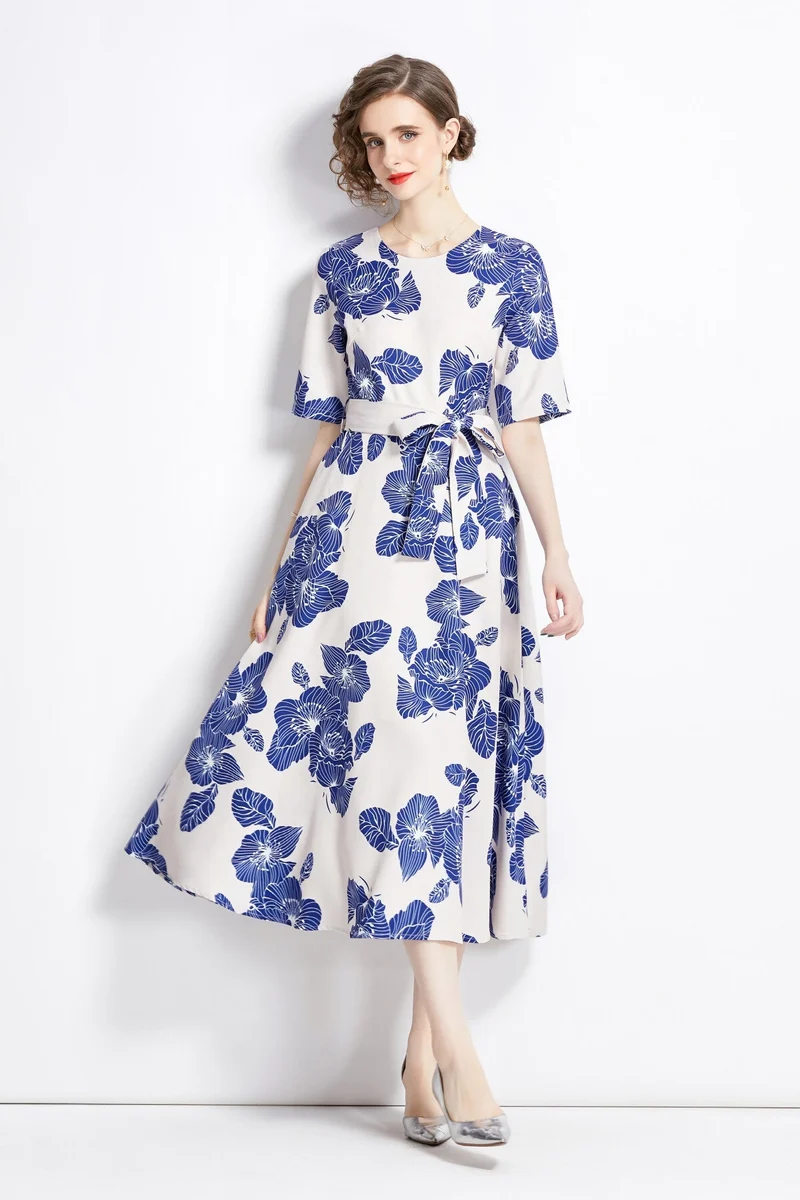 Porcelain Blue Vintage Print Waist Cinching Midi Dress