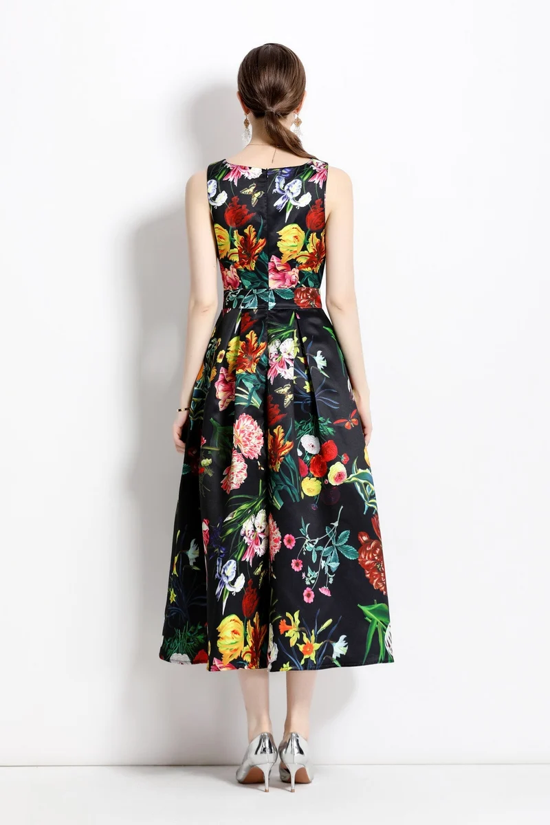 Blooming Garden Sleeveless Pleated A Line Tea Dress