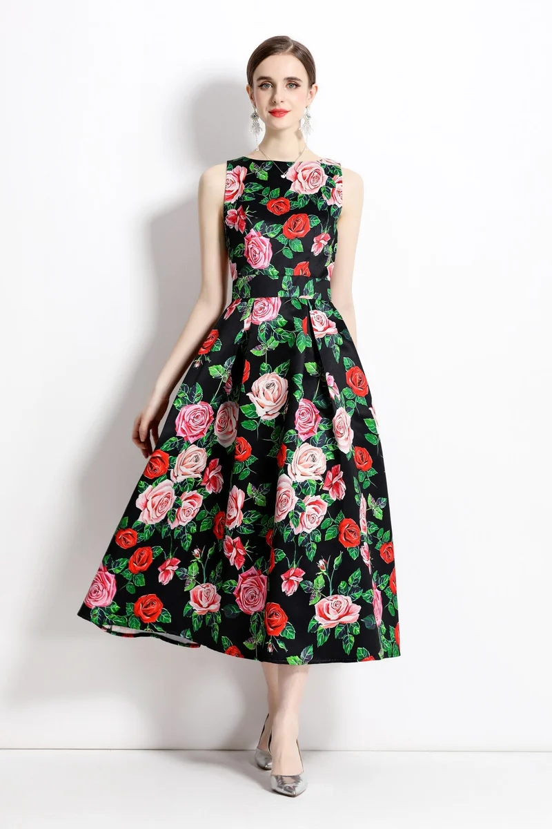 Blooming Garden Sleeveless Pleated A Line Tea Dress
