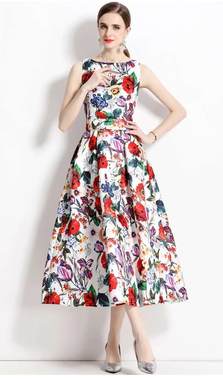 Blooming Garden Sleeveless Pleated A Line Tea Dress