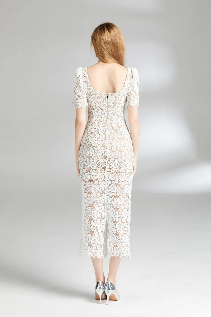 White Floral Lace Cut Out Dress