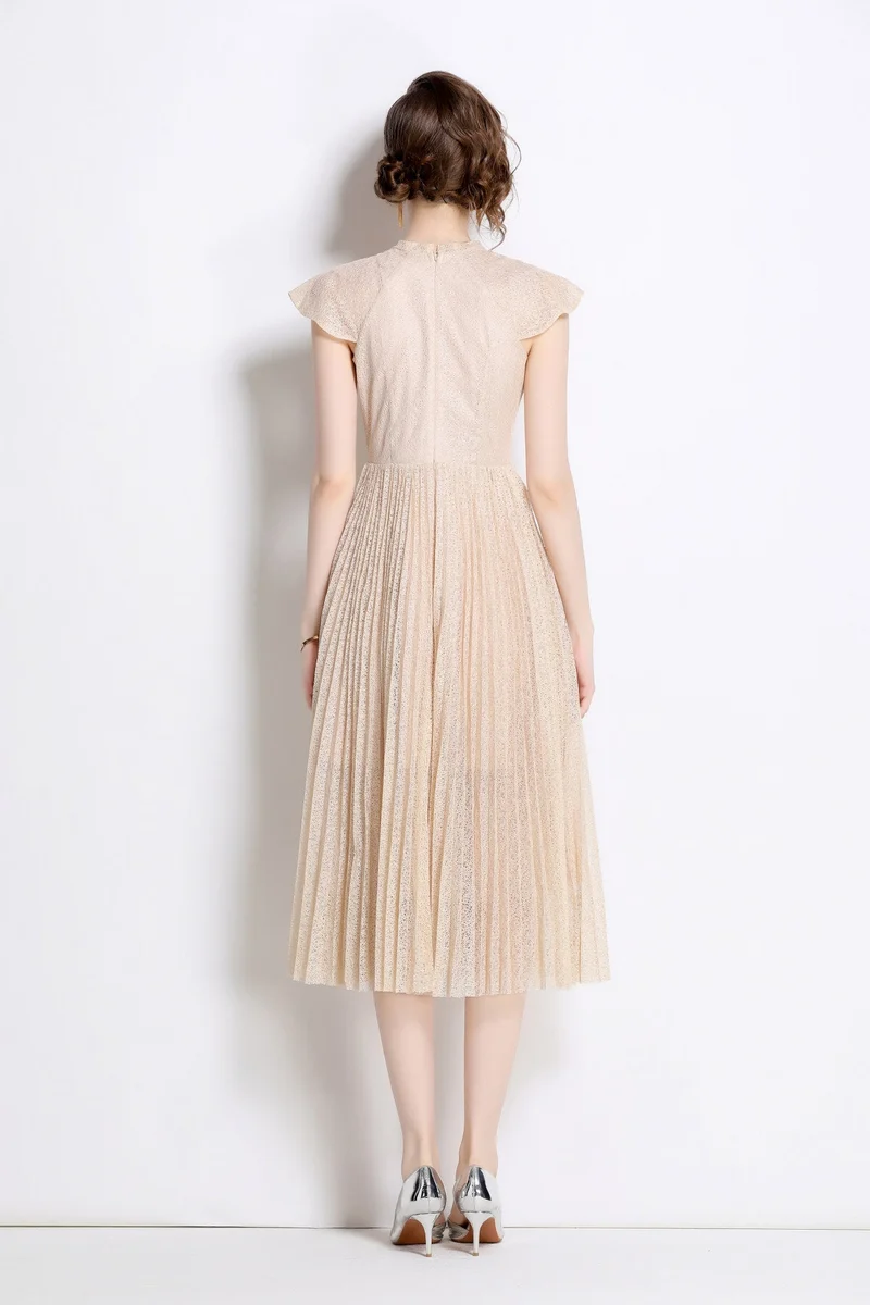 Apricot Lace Embroidered Pleated Midi Dress