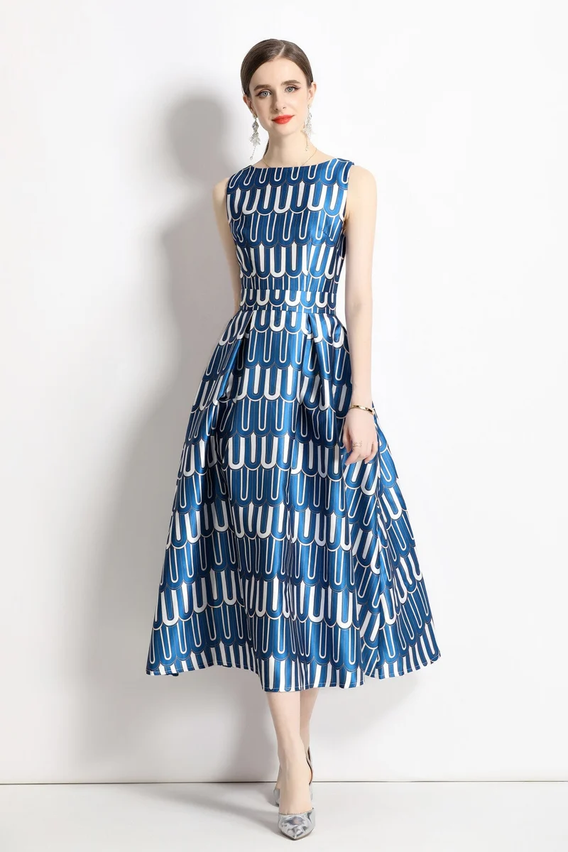 White and Blue Slim Fit A Line Tea Dress