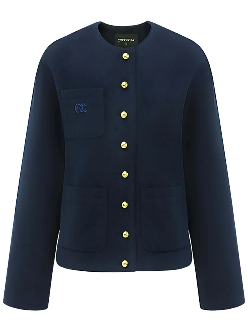 Classic Collarless Navy Woolen Jacket