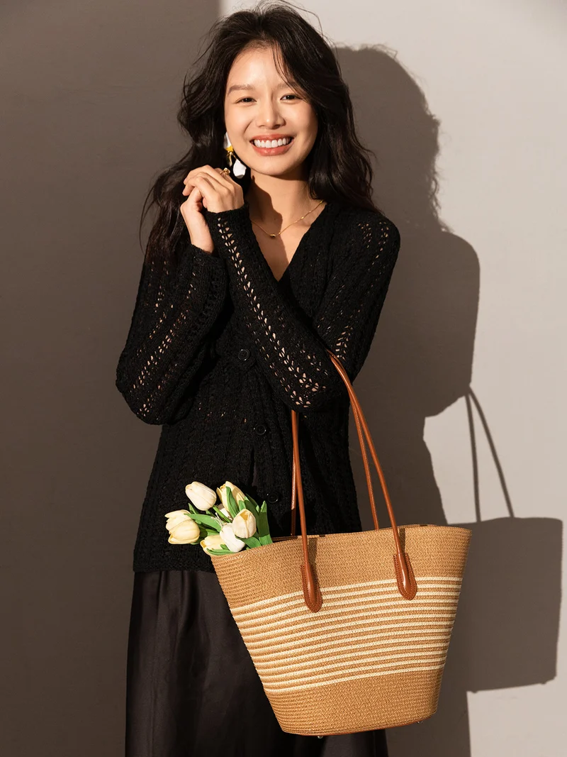 Natural Straw Woven Basket Tote Bag