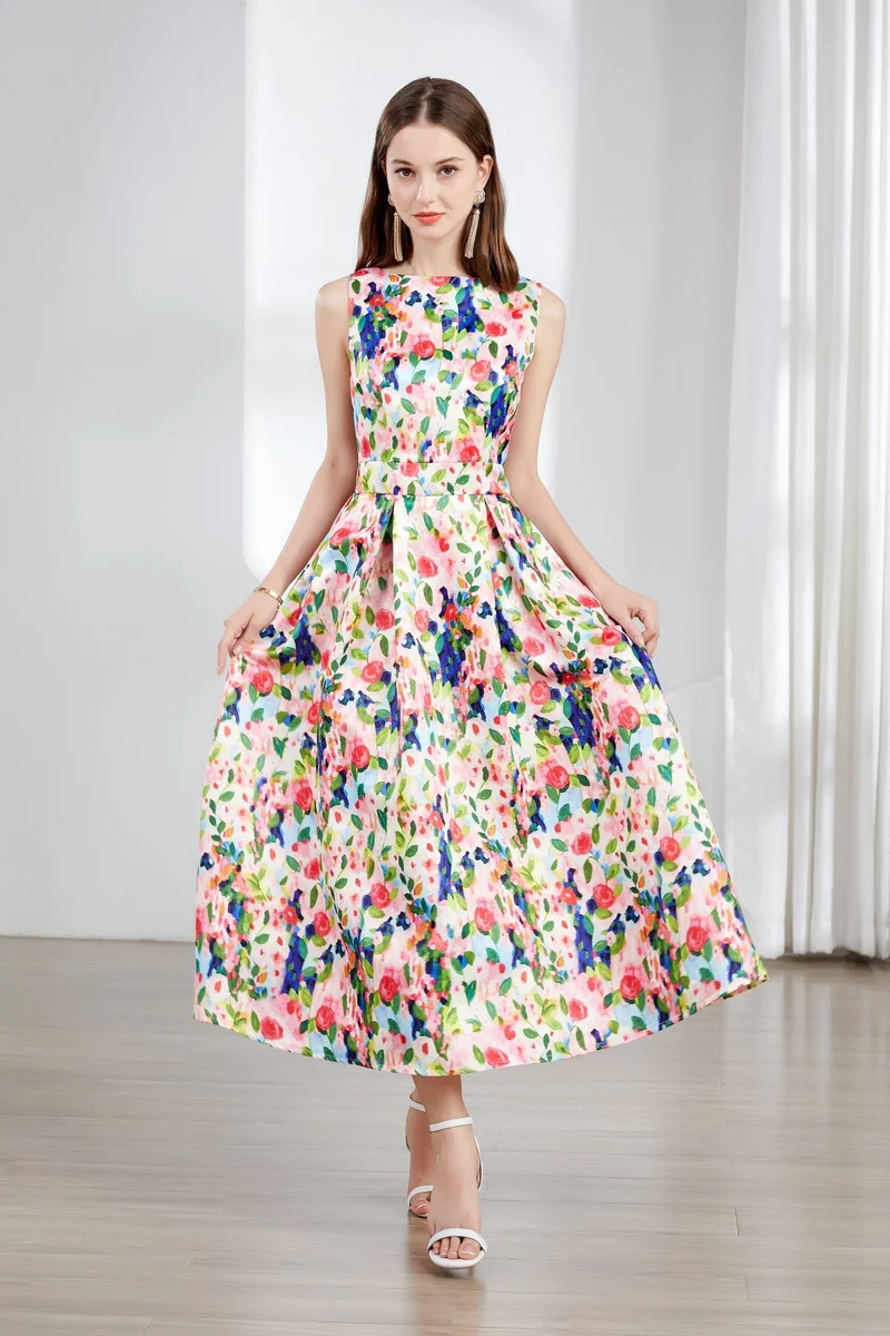 Floral Sleeveless Boatneck Flared A Line Midi Dress