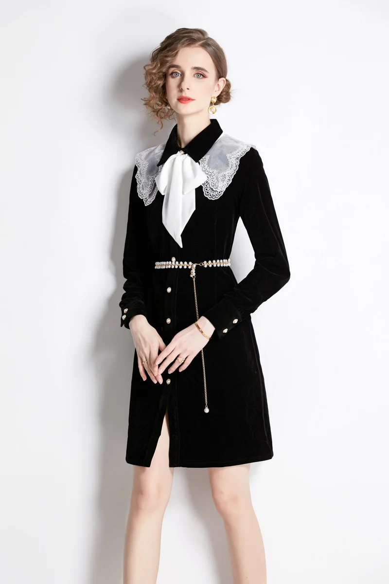 Black Velvet Embroidered Collar Button Up Long Sleeve Dress