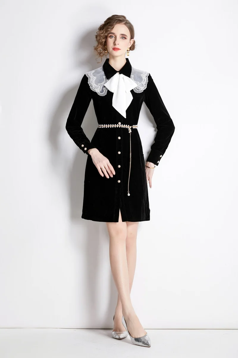 Black Velvet Embroidered Collar Button Up Long Sleeve Dress