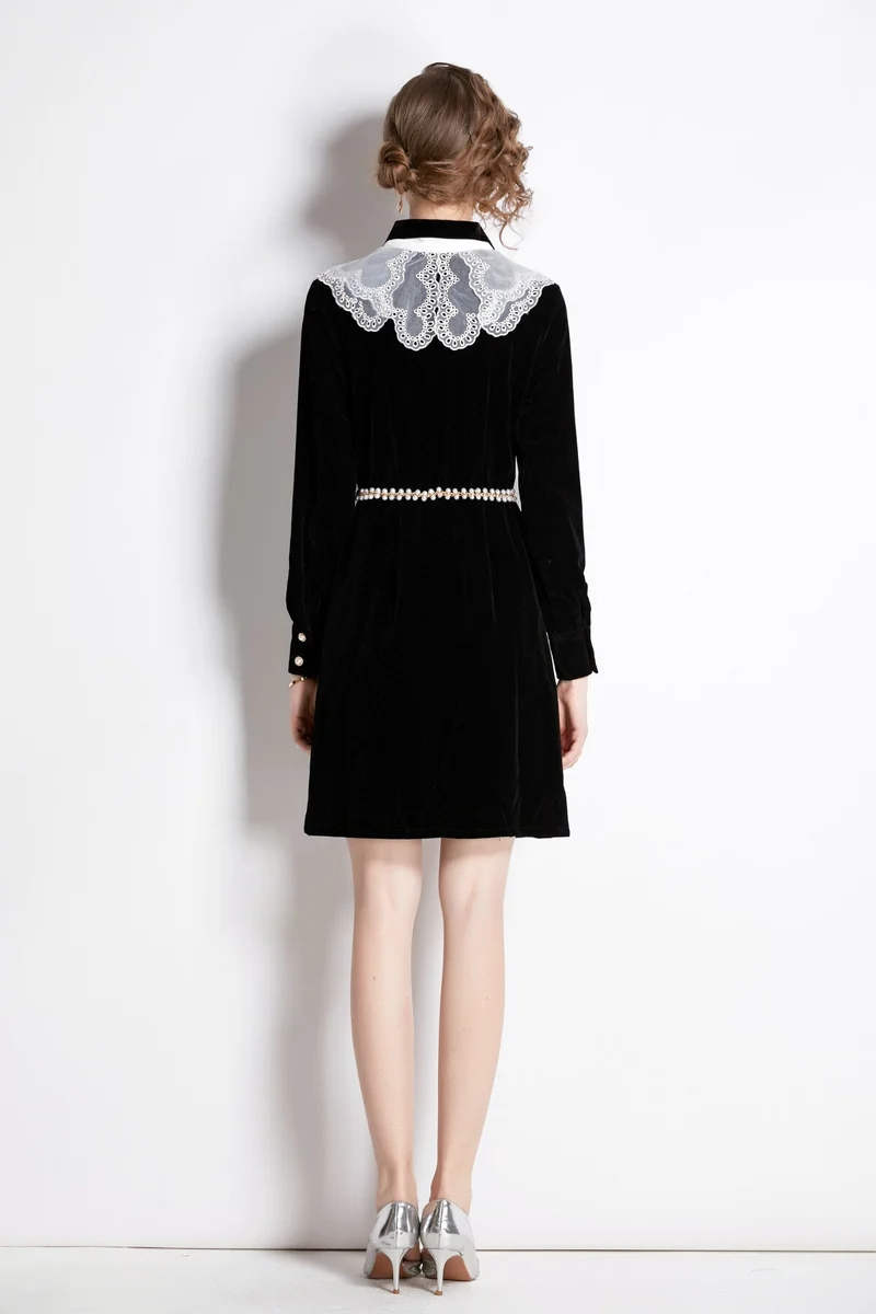 Black Velvet Embroidered Collar Button Up Long Sleeve Dress