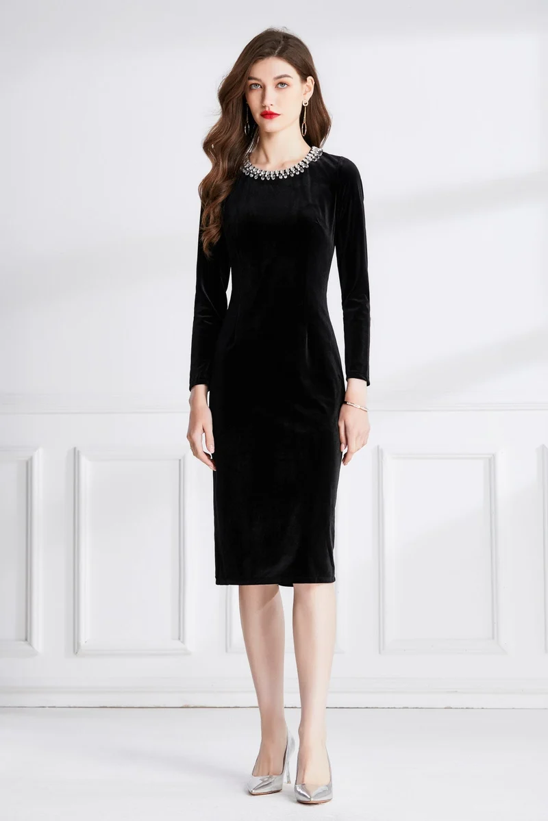 Beaded Vintage High Waist Slit Black Velvet Maxi Dress