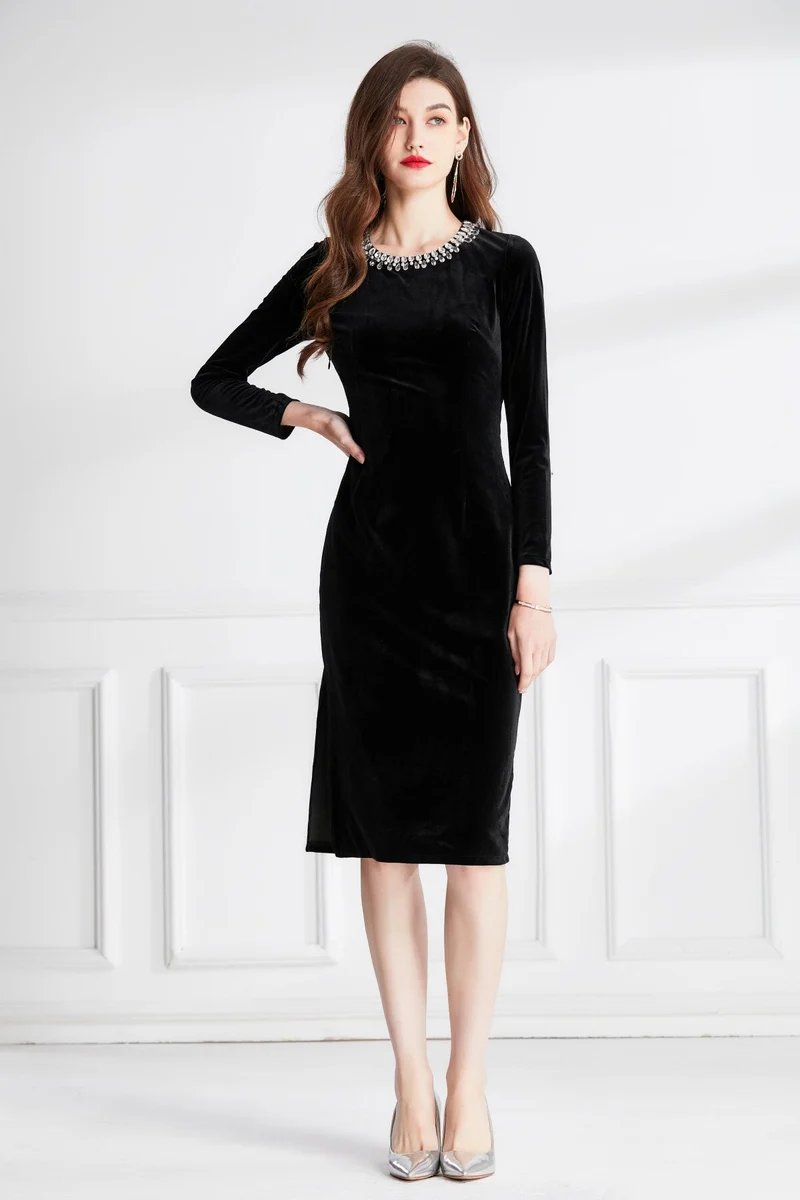 Beaded Vintage High Waist Slit Black Velvet Maxi Dress