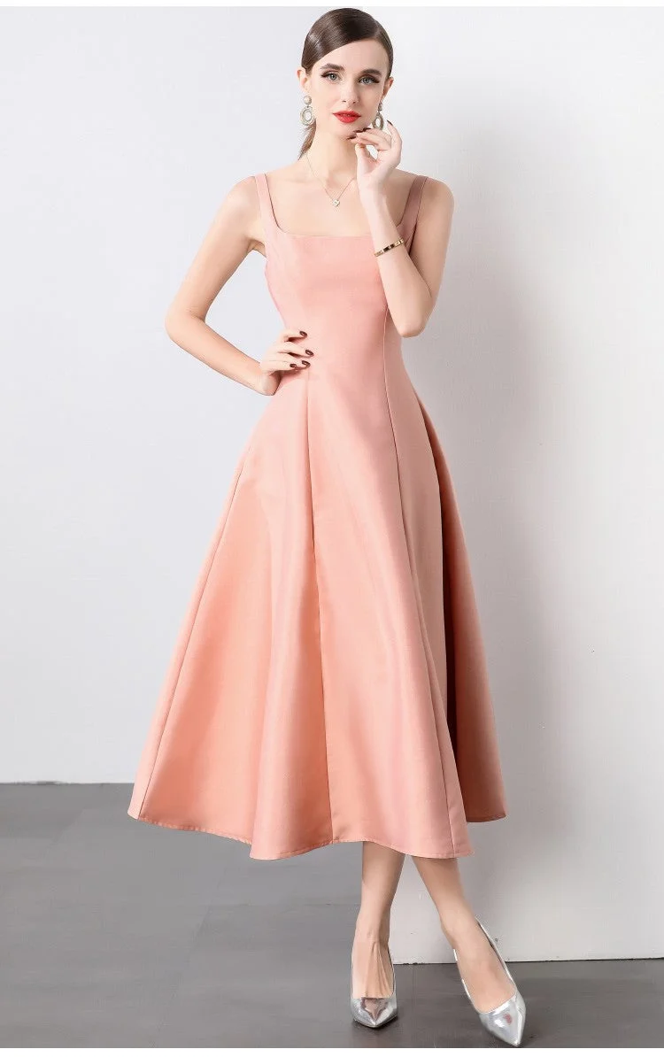 Square Neck Thick Strap Long Flared Ballerina Dress