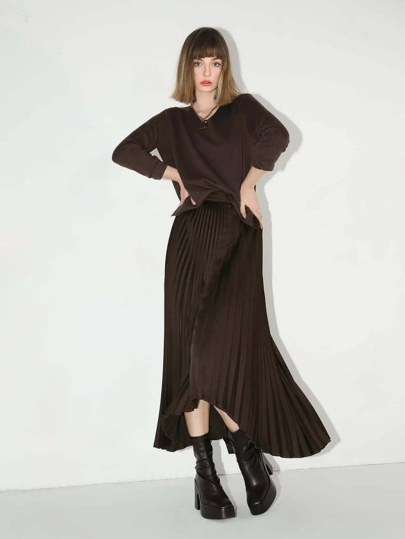 Chocolate Brown High-Low Asymmetric Pleated Midi Skirt