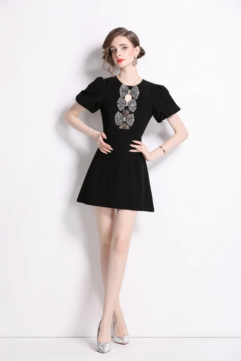 Black Puff Sleeve A Line Mini Dress