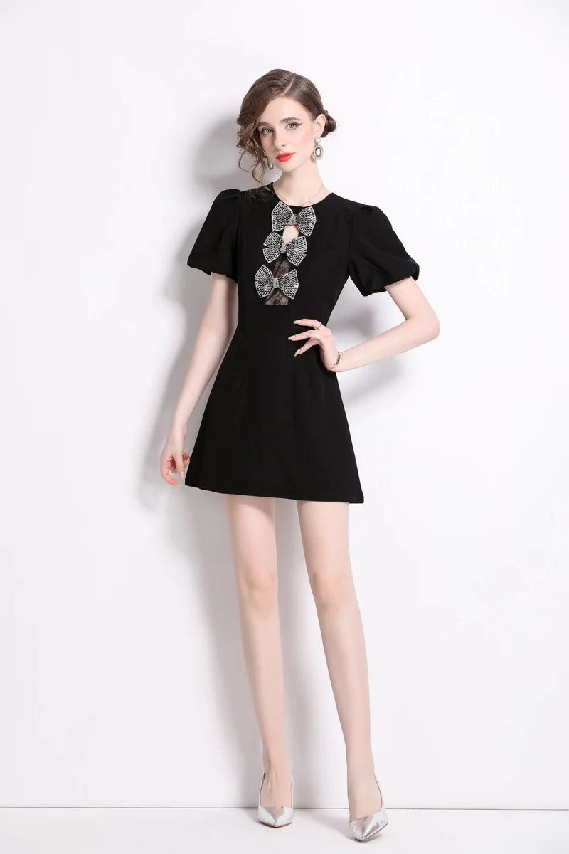 Black Puff Sleeve A Line Mini Dress