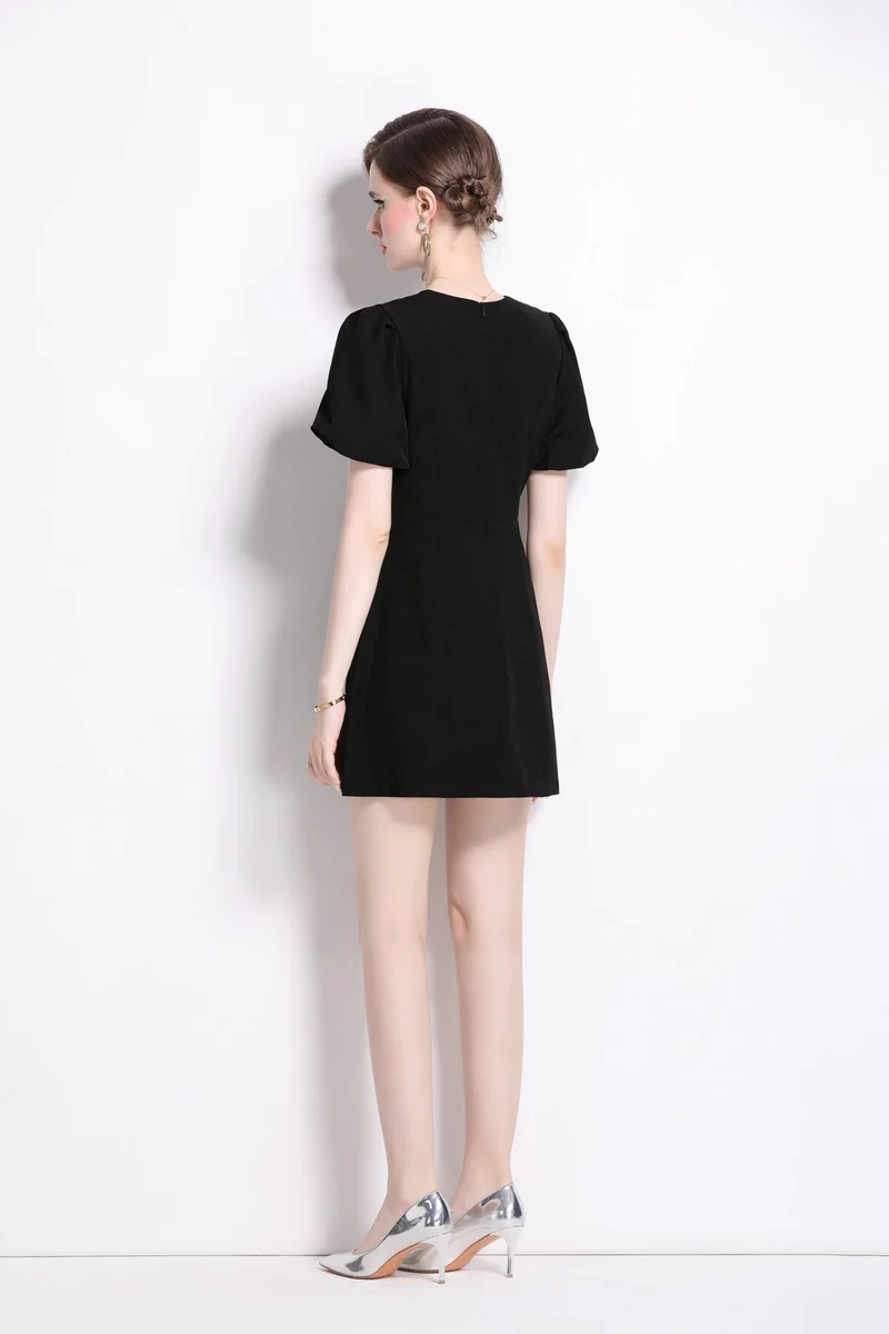 Black Puff Sleeve A Line Mini Dress