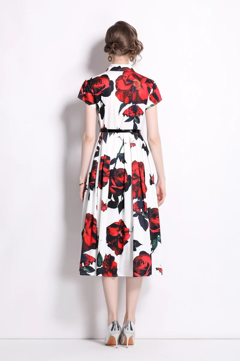 Romantic Rose Lapel Collar Shirt Dress