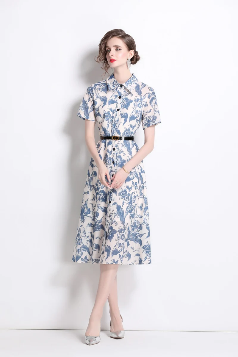Floral Cinched Waist A Line Work Shirt Dress