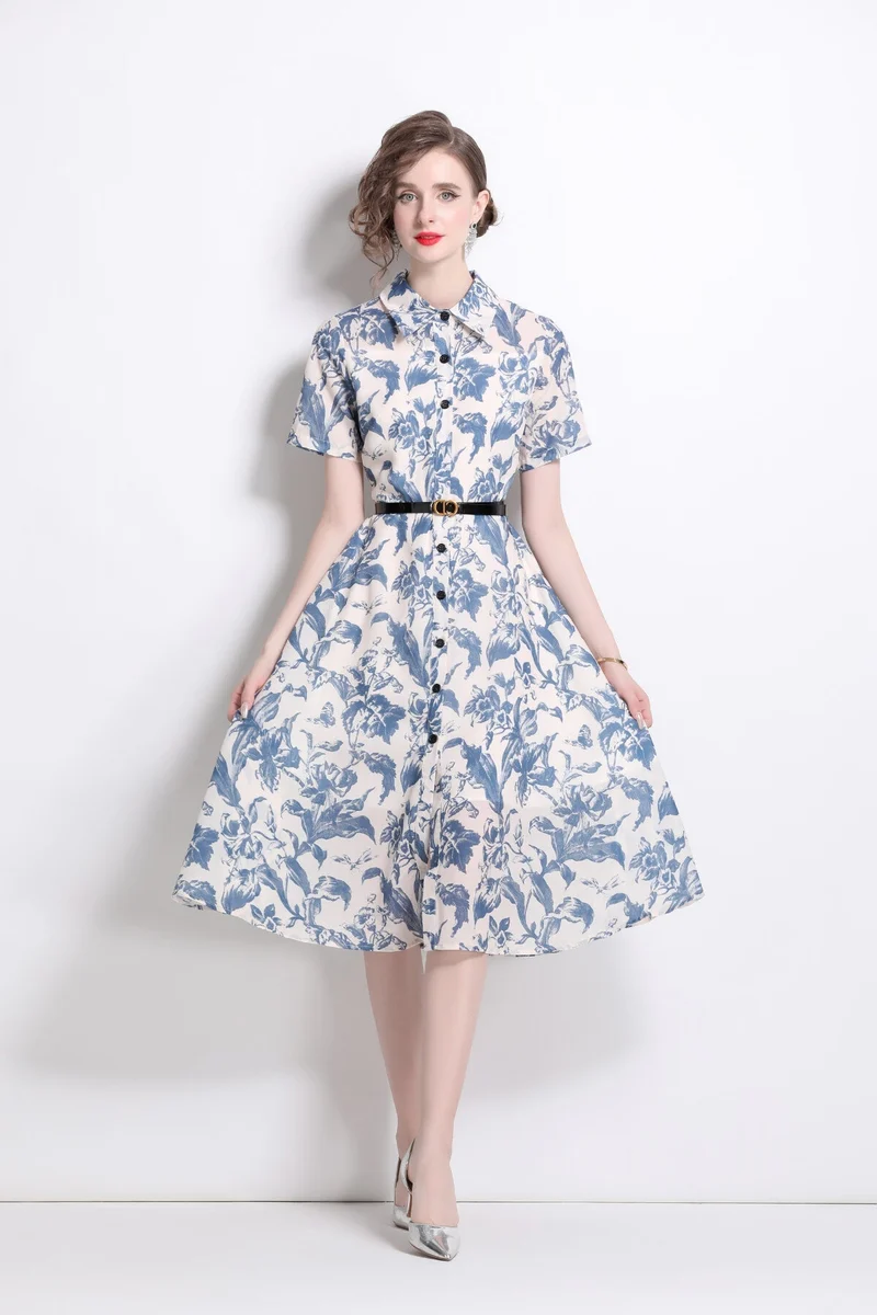 Floral Cinched Waist A Line Work Shirt Dress