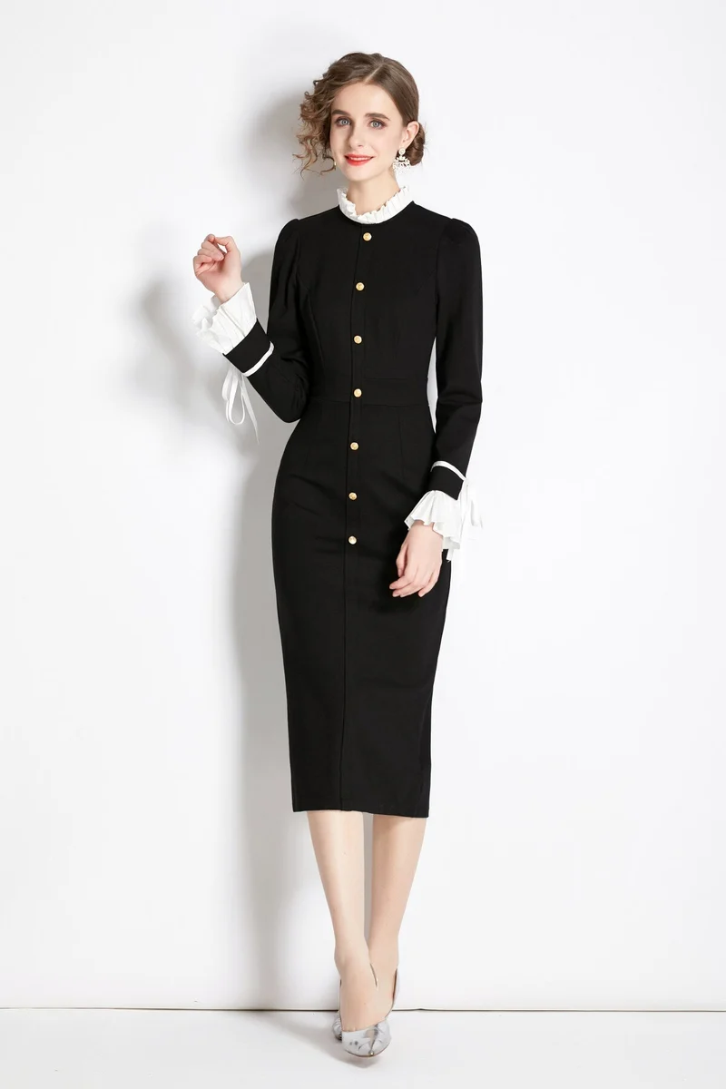 Black French Paneled Button Down Slim Fit Dress