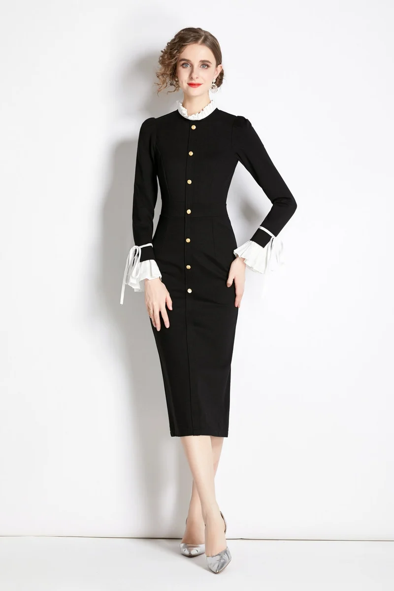 Black French Paneled Button Down Slim Fit Dress