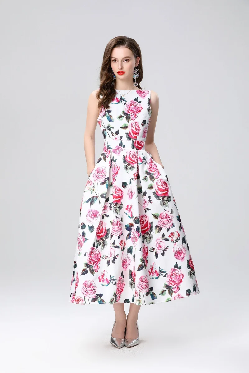 Garden Floral Structured Sleeveless High Waisted A Line Dress