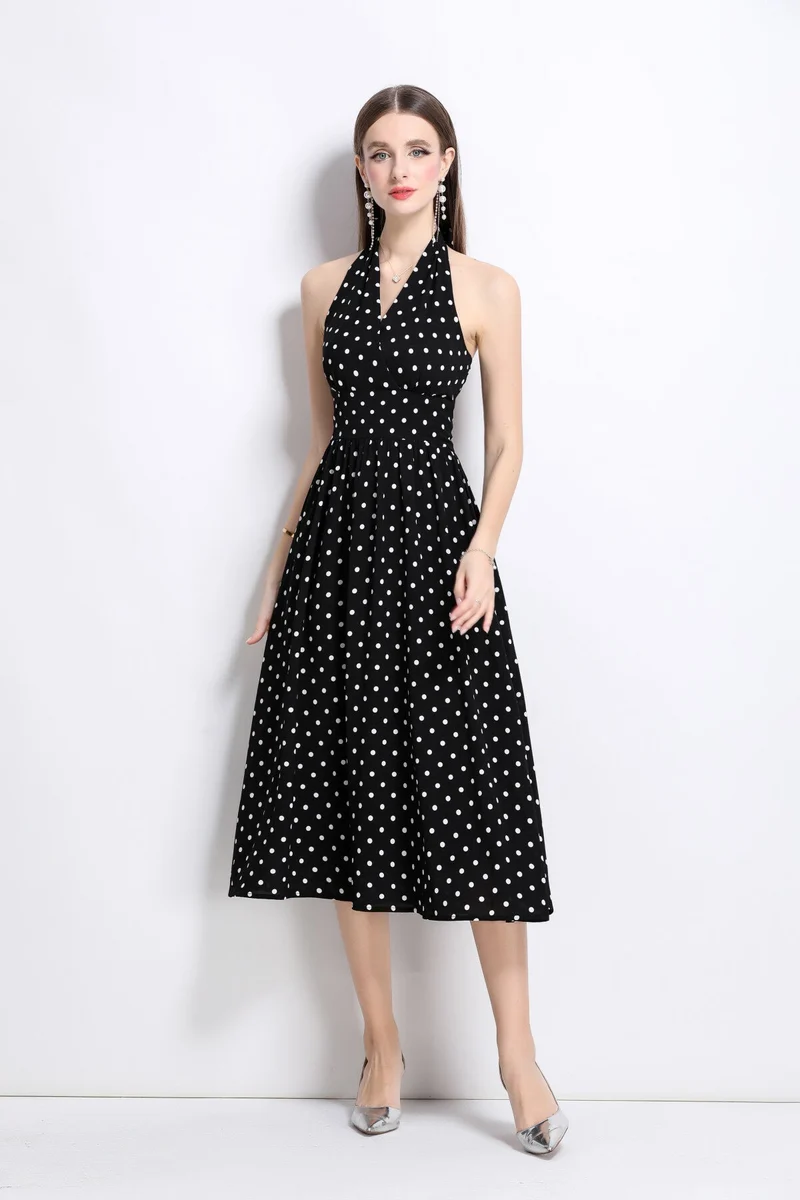 Vintage Halter Polka Dot Sleeveless Fitted Maxi Dress