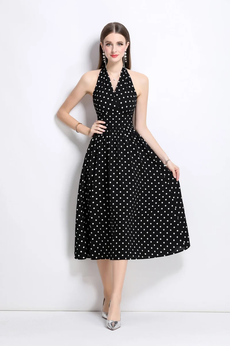 Vintage Halter Polka Dot Sleeveless Fitted Maxi Dress