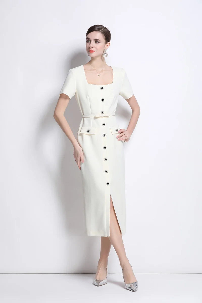 Daisy White Square Neck Short Sleeve Slim Fit Dress