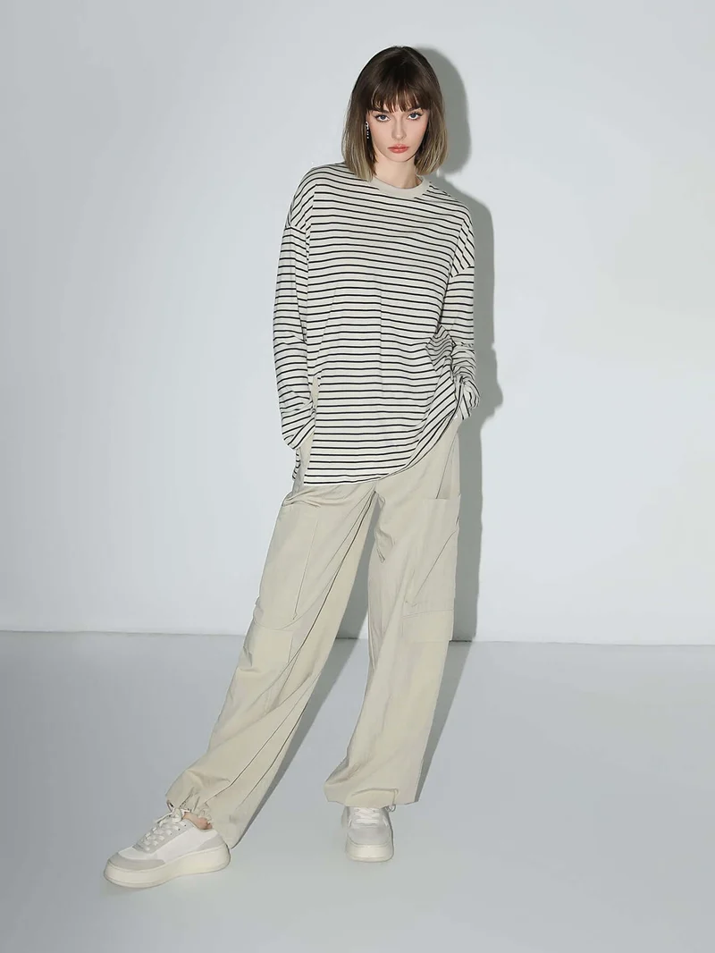 Nonchalant Black and White Striped Long Sleeve Tee