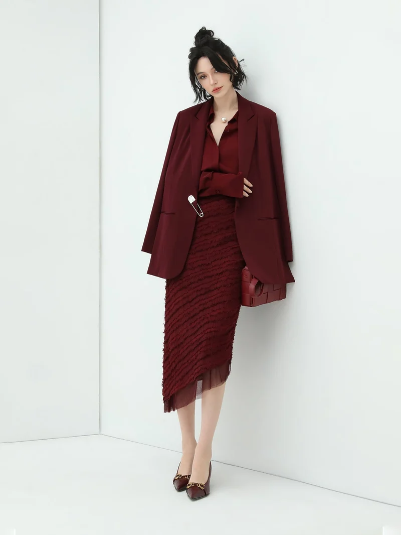 Minimalist Glossy Burgundy Wine Button Down Shirt