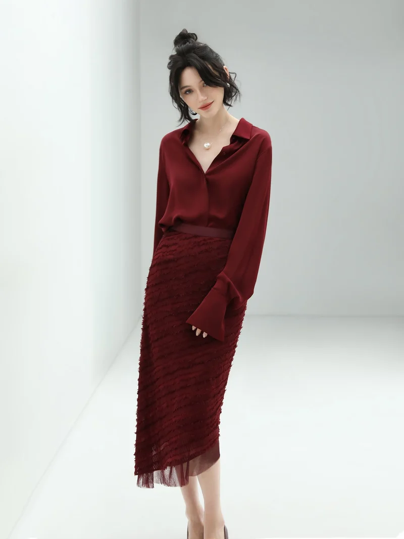 Minimalist Glossy Burgundy Wine Button Down Shirt
