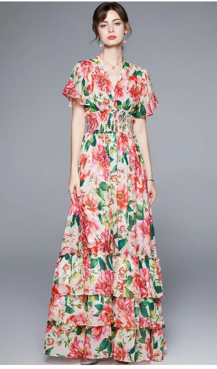 Stretchy Floral V Neck Ruffled Waist Maxi Dress