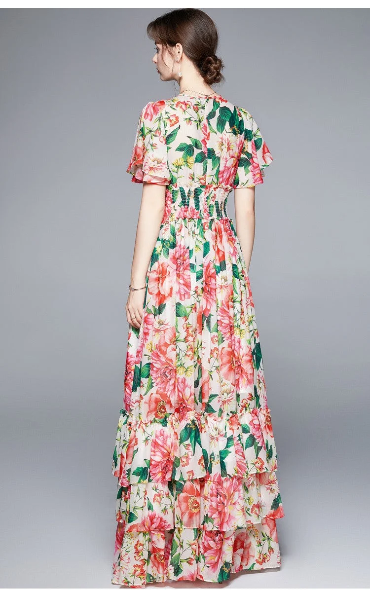 Stretchy Floral V Neck Ruffled Waist Maxi Dress